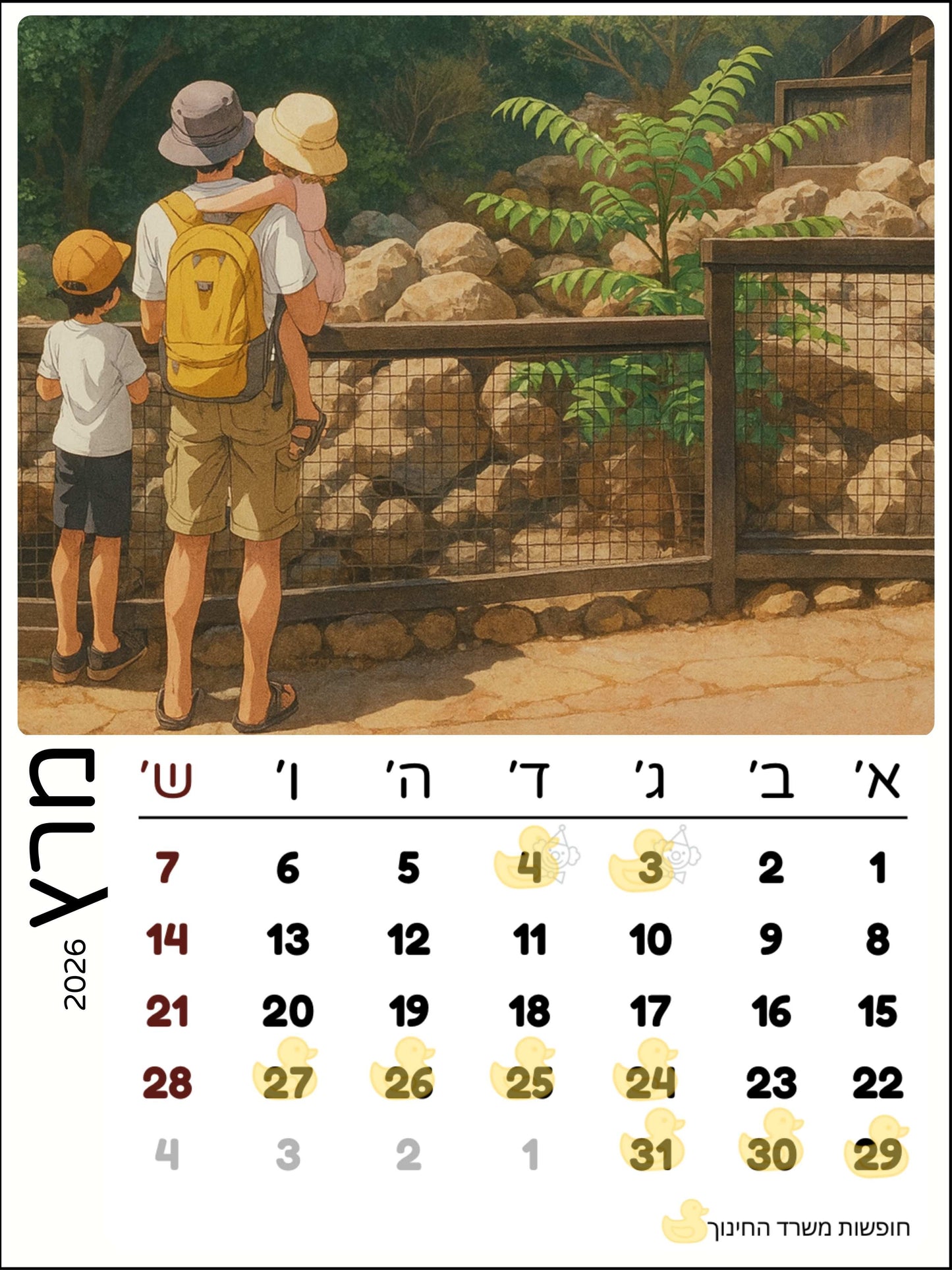 לוח שנה מעוצב - כולל חופשות משרד החינוך
