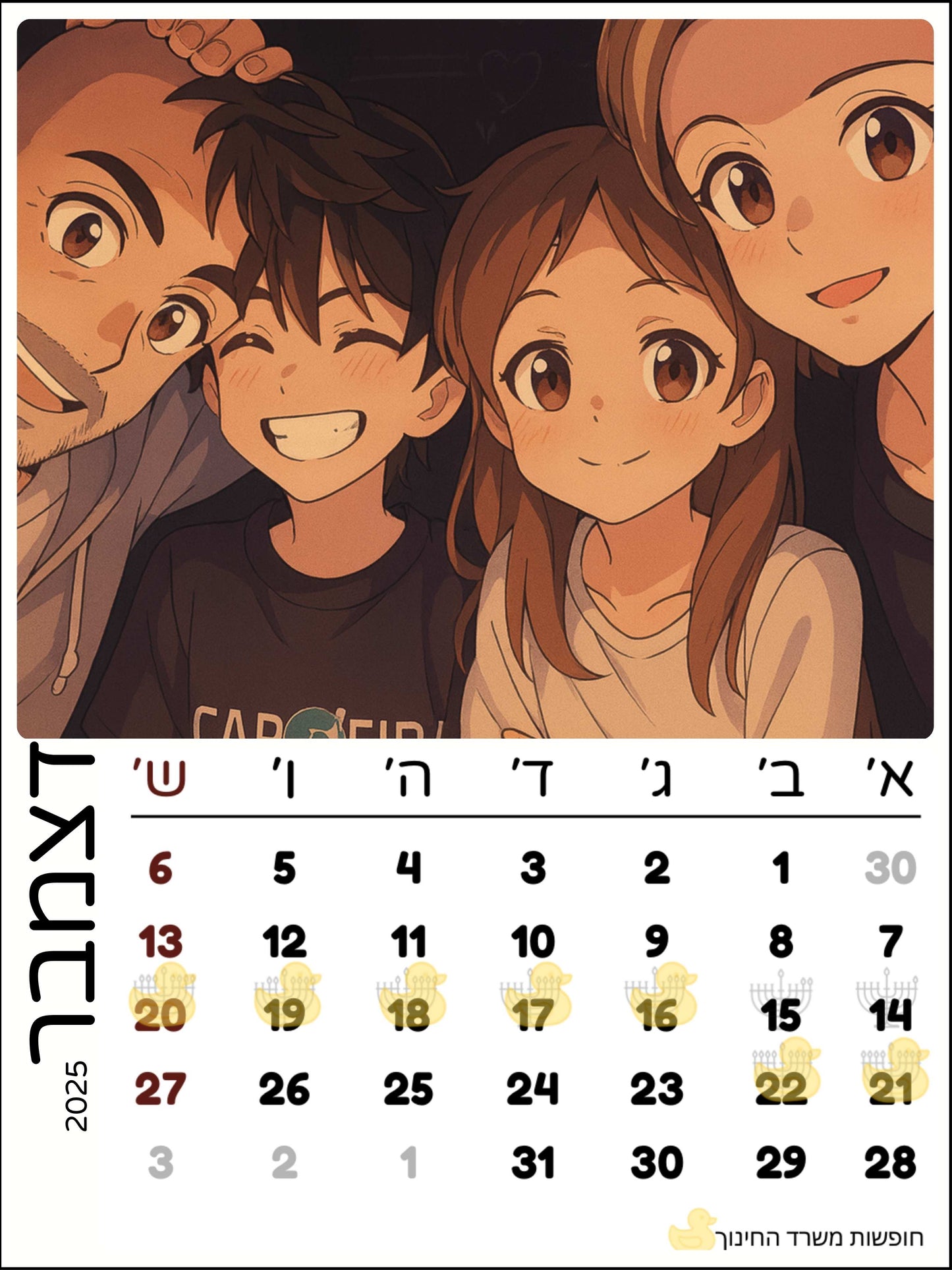 לוח שנה מעוצב - כולל חופשות משרד החינוך