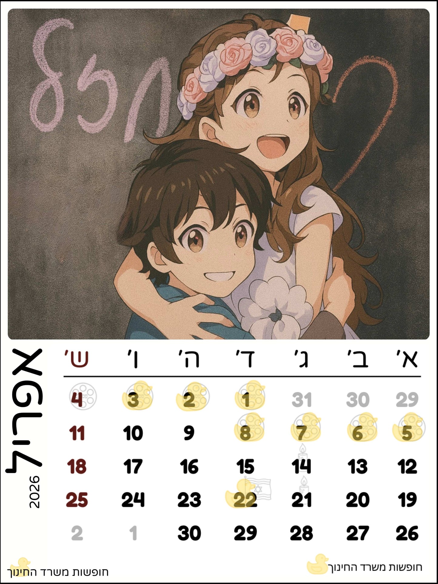 לוח שנה מעוצב - כולל חופשות משרד החינוך